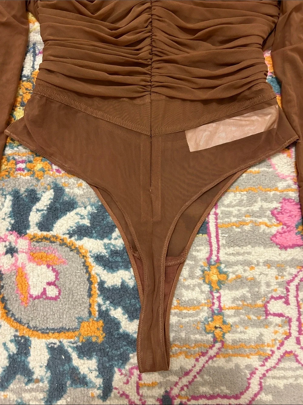 House Of CB Emme Mocha Ruched Chiffon Puff Sleeve Bodysuit Top Size Large